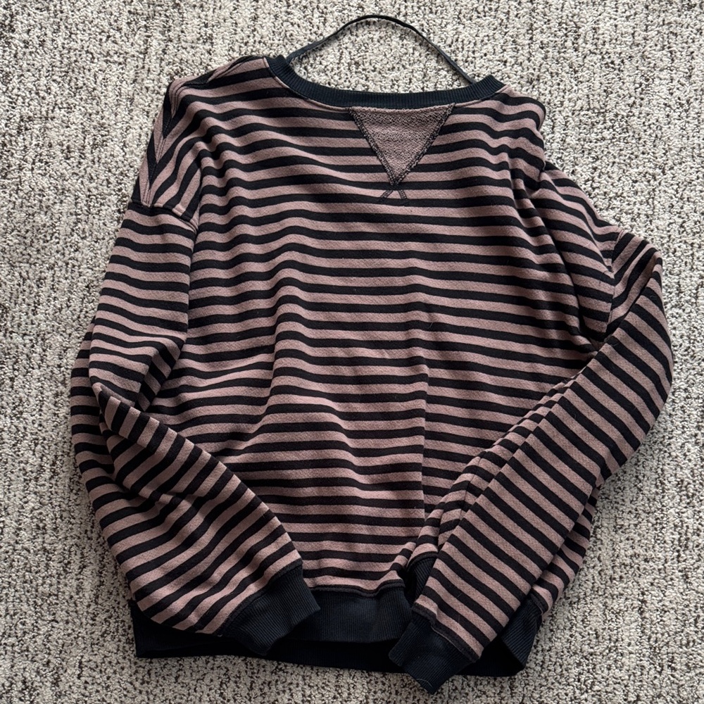 Free People Black and Brown Striped Crewneck Sweater